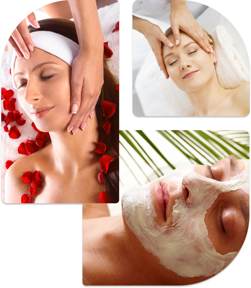 A collage of relaxing facial treatments and skincare services in Orange County, CA.